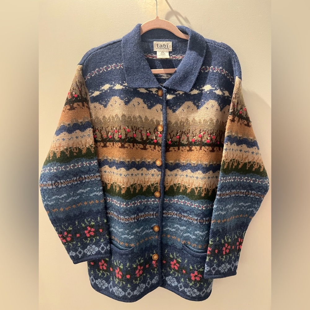 Vintage Tabi Wool Cardigan | Fair Isle Landscape Knit | Cottagecore | Size L - Picture 2 of 6